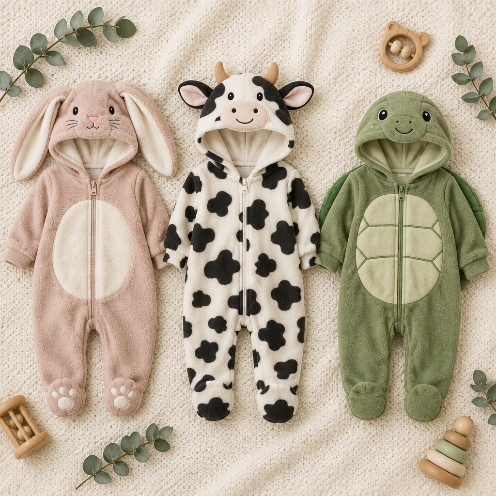 Flat lay 3 pijamas animales Mimiloop - Bunny Cow Turtle