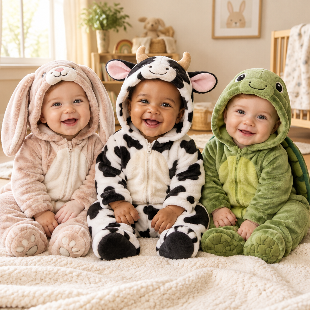 Tres bebés con pijamas animales Mimiloop juntos