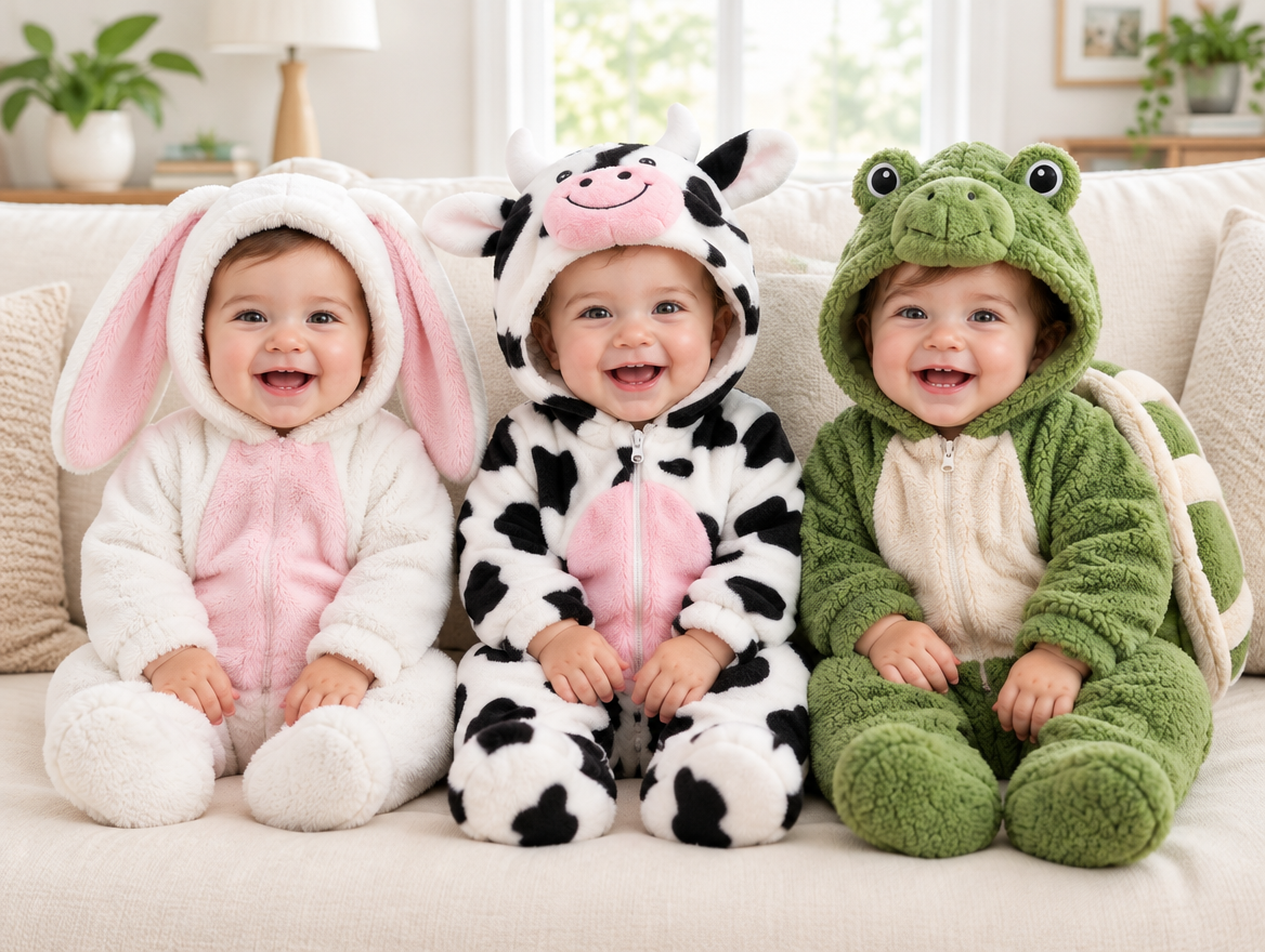 Three babies together wearing Mimiloop onesies