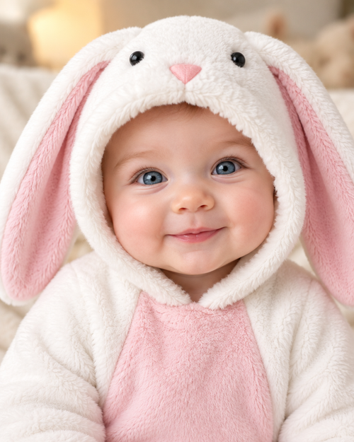 Close-up of baby in Mimiloop bunny onesie