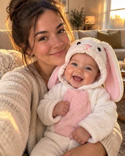 Parent holding baby in Mimiloop bunny onesie