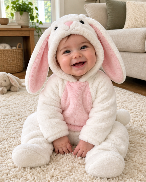 Baby wearing Mimiloop bunny onesie sitting on blanket