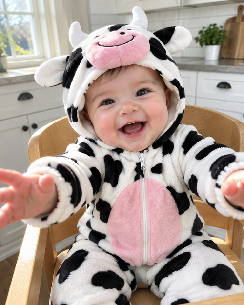 Baby in highchair wearing Mimiloop cow onesie