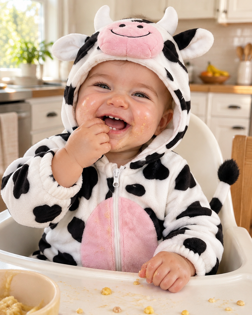 Happy baby laughing in Mimiloop cow onesie