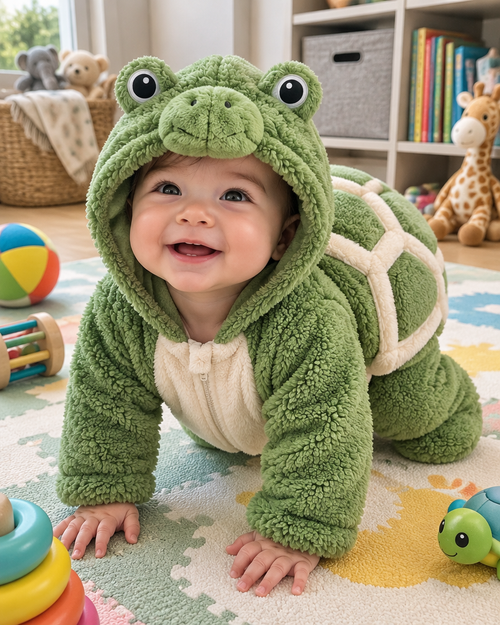 Baby crawling in Mimiloop turtle onesie