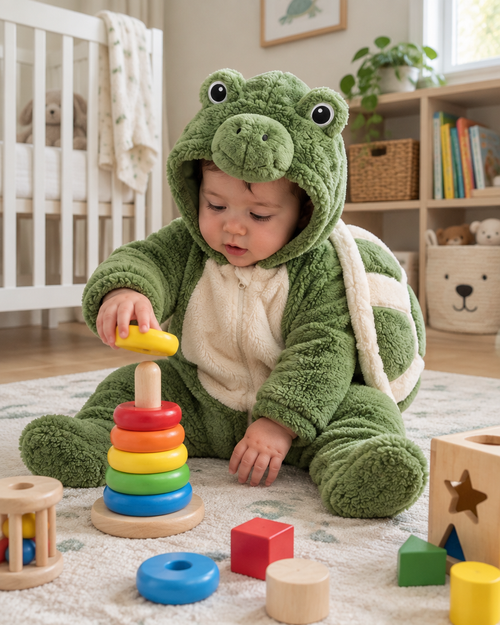Baby playing in Mimiloop turtle onesie